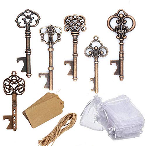 Amajoy 30 Sets (6 estilos) Abridores de llaves de esqueleto surtidos vintage con bolso Sheer White Bag para decorar regalos de cumpleaños antiguos, cobre