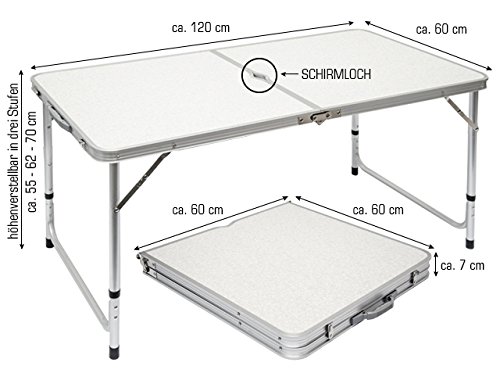 AMANKA Mesa para Acampada 120x60x70cm de Aluminio Plegable portátil como si Fuera un maletín Altura Regulable para pícnic Camping Gris Claro