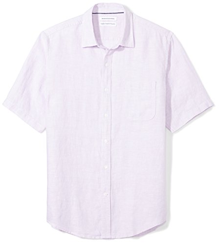 Amazon Essentials - Camisa a cuadros de lino con manga corta para hombre., Lavanda, US S (EU S)