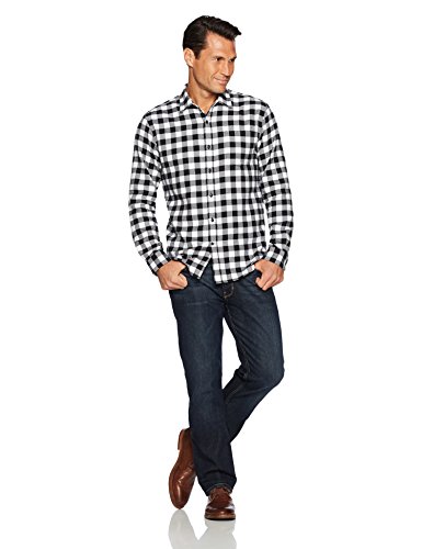 Amazon Essentials - Camisa de franela a cuadros de manga larga y ajuste regular para hombre, Blanco (Black Buffalo Plaid), US XL (EU XL - XXL)