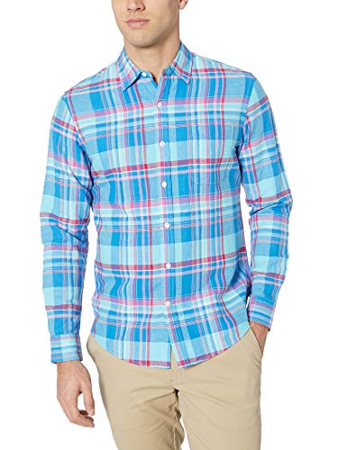 Amazon Essentials - Camisa de lino con manga larga, corte entallado y estampado para hombre, Aguamarina Cuadros, US XXL (EU XXXL - 4XL)