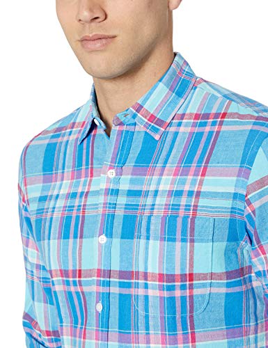 Amazon Essentials - Camisa de lino con manga larga, corte entallado y estampado para hombre, Aguamarina Cuadros, US XXL (EU XXXL - 4XL)