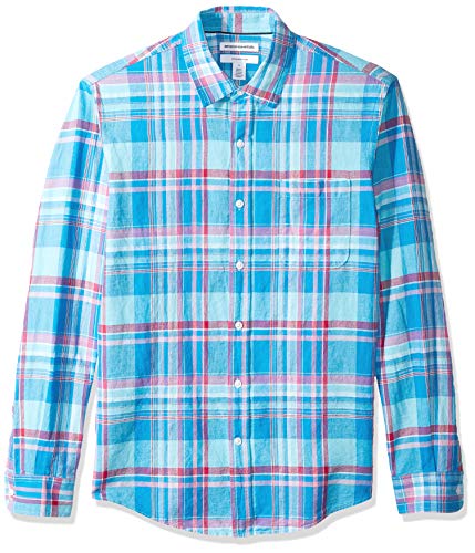 Amazon Essentials - Camisa de lino con manga larga, corte entallado y estampado para hombre, Aguamarina Cuadros, US XXL (EU XXXL - 4XL)