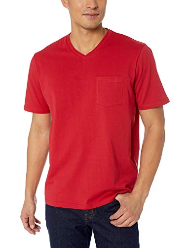 Amazon Essentials - Pack de 2 camisetas de corte holgado con cuello en V y bolsillo en el pecho para hombre, Rojo (Red Red), US XS (EU XS)