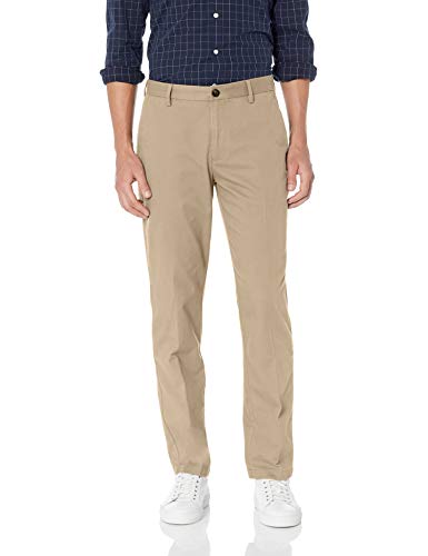 Amazon Essentials – Pantalón chino sin pinzas en la parte delantera, resistente a las arrugas, de corte recto para hombre, Marrón (Khaki), 32W x 34L