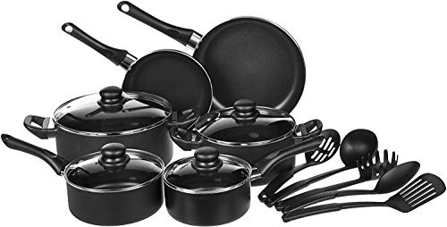 AmazonBasics - Juego de utensilios de cocina antiadherentes, 15 piezas + Recipientes de cristal para alimentos, con cierre 14 piezas (7 envases + 7 tapas), sin BPA