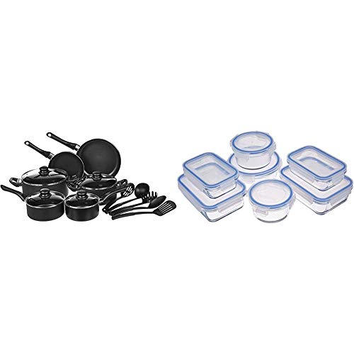 AmazonBasics - Juego de utensilios de cocina antiadherentes, 15 piezas + Recipientes de cristal para alimentos, con cierre 14 piezas (7 envases + 7 tapas), sin BPA