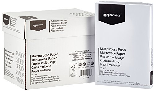 AmazonBasics Papel multiusos para impresora A4 80gsm, 5x500 hojas, blanco