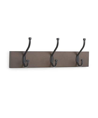 AmazonBasics - Perchero de madera de pared, 3 ganchos estándar 34 cm, Café, 2 unidades