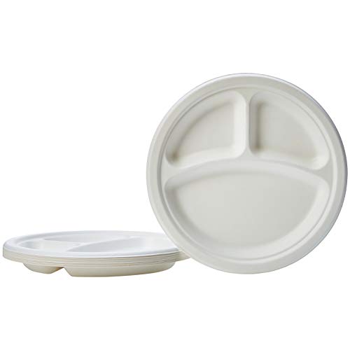 AmazonBasics - Platos desechables, convertibles en abono ecológico y biodegradables, 3 compartimentos, 23 cm, 125 unidades