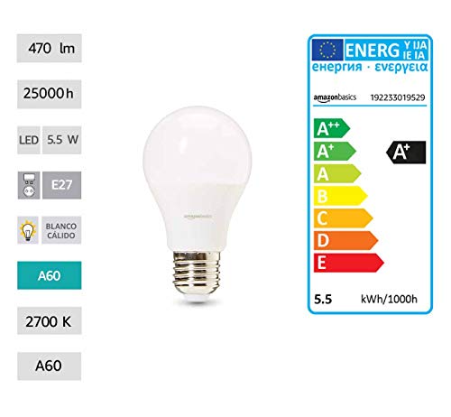 AmazonBasics Professional - Bombilla de tipo Edison LED, casquillo E27, equivalente a 40 W, blanco cálido - juego de 6