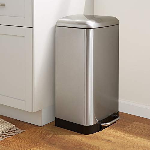 AmazonBasics Rectangle Soft-Close Trash Can with Steel Bar Pedal - 40L, Nickel