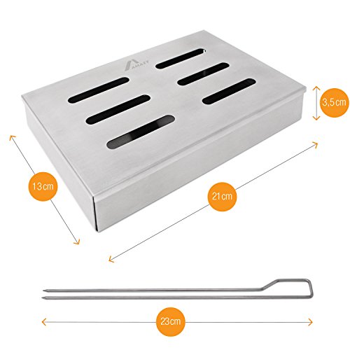 Amazy Caja ahumadora + 2 brochetas + 2 tipos de virutas de madera (haya y roble) – Caja de ahumado para carne o pescado apta para lavavajillas