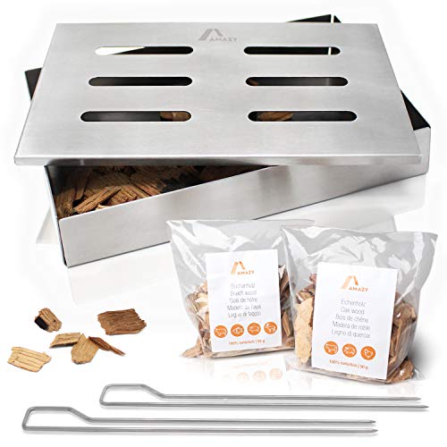 Amazy Caja ahumadora + 2 brochetas + 2 tipos de virutas de madera (haya y roble) – Caja de ahumado para carne o pescado apta para lavavajillas