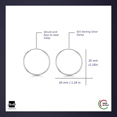 Amberta® 925 Plata De Ley Pendiente De Aro Fino Con Pendientes De Aro Sin Fin – Pendientes De Aro Tipo Criolla – Diámetro: 20 30 40 60 80 mm (30mm)