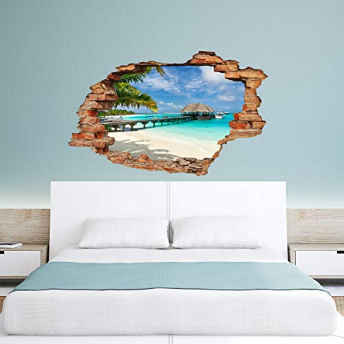 Ambiance Sticker Pegatinas Adhesivas Efecto 3D de Bora-Bora Palmera y Ponton- Decoración de Pared para habitación y salón, 60 x 90 cm