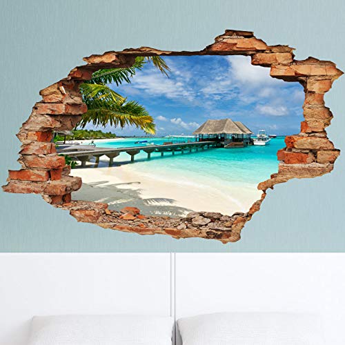 Ambiance Sticker Pegatinas Adhesivas Efecto 3D de Bora-Bora Palmera y Ponton- Decoración de Pared para habitación y salón, 60 x 90 cm