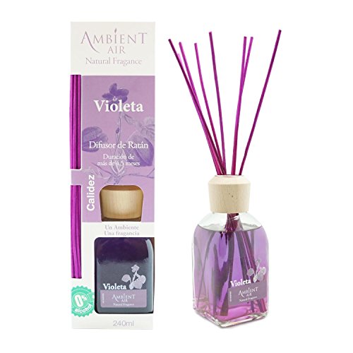 Ambientair Classic. Difusor de Varillas perfumadas. Ambientador Mikado Aroma Violeta. Difusor 240 ml con palitos de ratán. Ambientador para Hogar sin Alcohol.