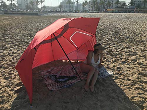 Amiaire Sombrilla de Playa - Sombrilla de Playa Grande 254 cm – 3 Posiciones - Protección UV, antiviento y Transpirable de Aluminio- Incluye Bolsa de Viaje (Rojo)