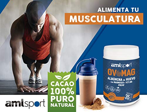 AML SPORT -OVOMAG- Albumina de huevo, Magnesio y Vitamina B6 – 410 gr. Regenerador de fibras musculares. Ayuda a disminuir el cansancio y la fatiga. CACAO 100% PURO NATURAL. Envase para 35 días.