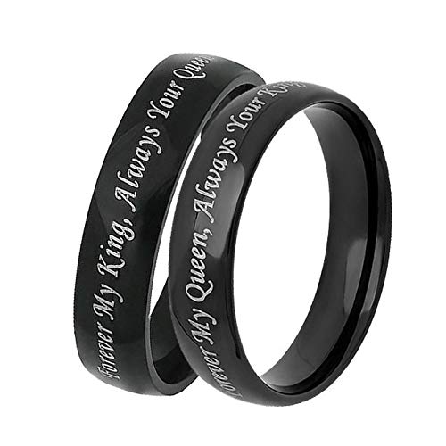 Amody 1 par Anillo de Acero Inoxidable Compromiso Alianza Aniversario Promesa Regalo para Pareja Anillo Negro Grabado Forever my King/Queen Mujeres tamaño 27 Hombres tamaño 25