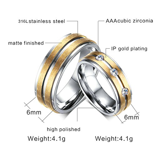 Amody 1 Par Anillos de Pareja de Acero Inoxidable Aniversario Compromiso Promesa Alianza Banda de Bodas Oro de Plata 6MM Mate Acabado Zirconia cúbica Anillos Mujeres 25 & Hombres 25