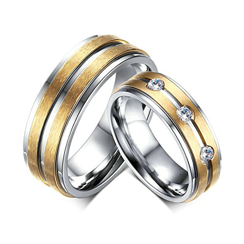 Amody 1 Par Anillos de Pareja de Acero Inoxidable Aniversario Compromiso Promesa Alianza Banda de Bodas Oro de Plata 6MM Mate Acabado Zirconia cúbica Anillos Mujeres 25 & Hombres 25