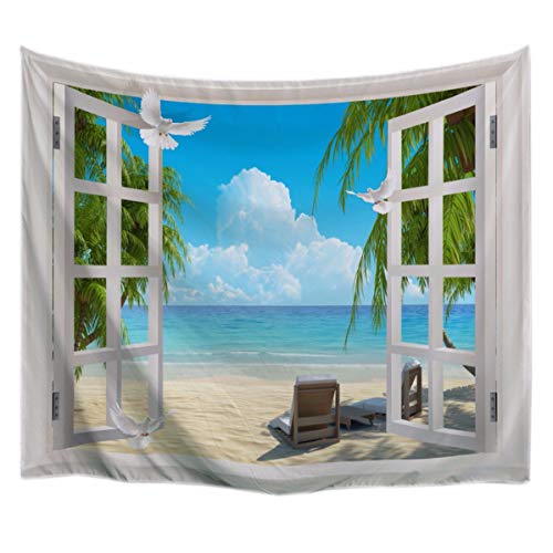 A.Monamour Tapices Palomas Volando Blancas Playa De Arena Vista del Paisaje del Océano Azul Desde La Ventana Impresión De Arte Tapices De Pared Tapices De Pared para Decorados De La Casa 102x153cm