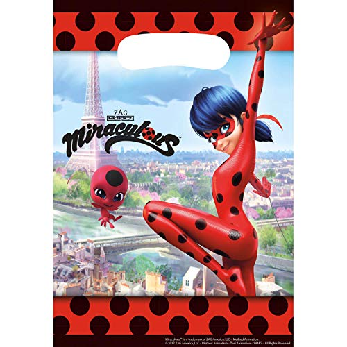 amscan Miraculous para una Fiesta Temática o Cumpleaños Ladybug Mariquita Super Héroe Fiesta Cumpleaños Bolsas Regalo Bolsas - Bolsos de Fiesta, 8 Pieza