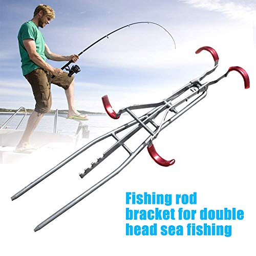 Amusingtao Soporte Caña de Pescar, 40cm Doble Poste Soporte, Metal Suelo Soporte Plegable Poste Pescado Plegable Soporte para Pesca Amigos - Plata + Rojo, Free Size