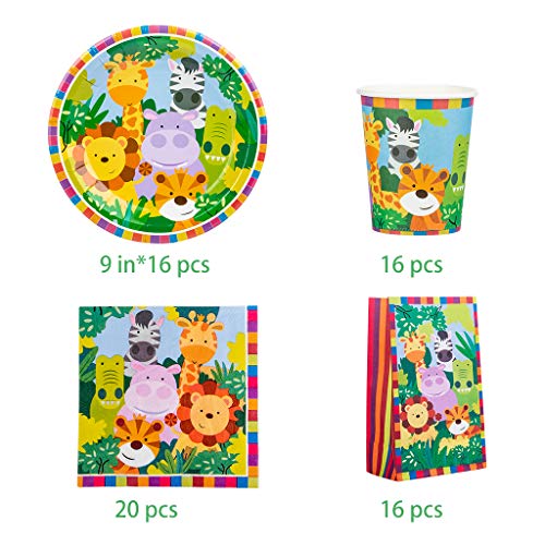 Amycute 16 niños Juego de Vajilla Diseño Animal Desechable, Set de Cubiertos Fiesta de Cumpleaños Infantil 16 Platos 16 Vasos 20 Servilletas 16 Bolsas de Regalo para Temática del Bosque