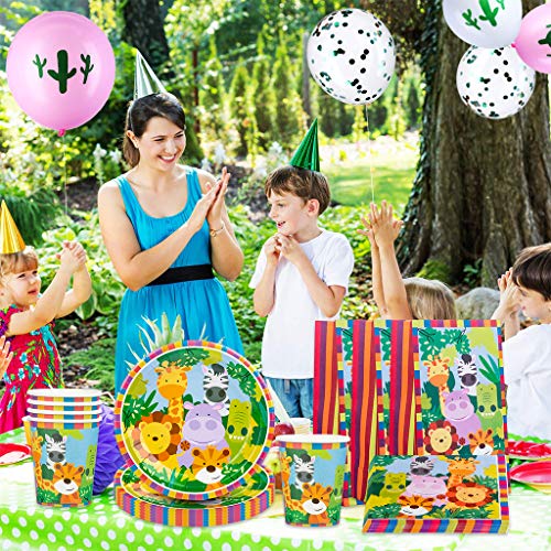 Amycute 16 niños Juego de Vajilla Diseño Animal Desechable, Set de Cubiertos Fiesta de Cumpleaños Infantil 16 Platos 16 Vasos 20 Servilletas 16 Bolsas de Regalo para Temática del Bosque