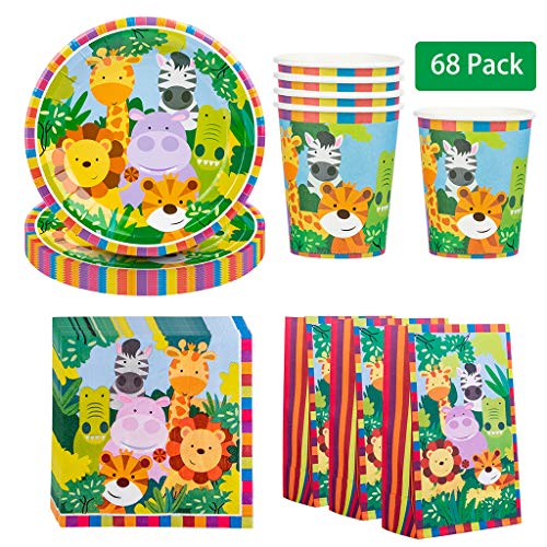 Amycute 16 niños Juego de Vajilla Diseño Animal Desechable, Set de Cubiertos Fiesta de Cumpleaños Infantil 16 Platos 16 Vasos 20 Servilletas 16 Bolsas de Regalo para Temática del Bosque