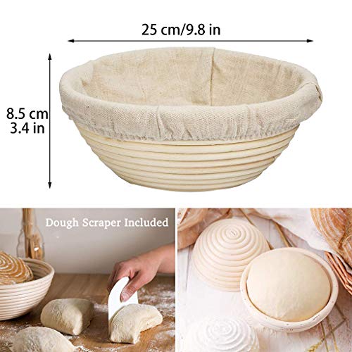 Amycute 2 pcs Banneton Cuenco redondo de ratán para pan y masa, Set Masa De Ratán Incluye raspador de tazón, Rascador de plástico y Tapa de la cesta de masa