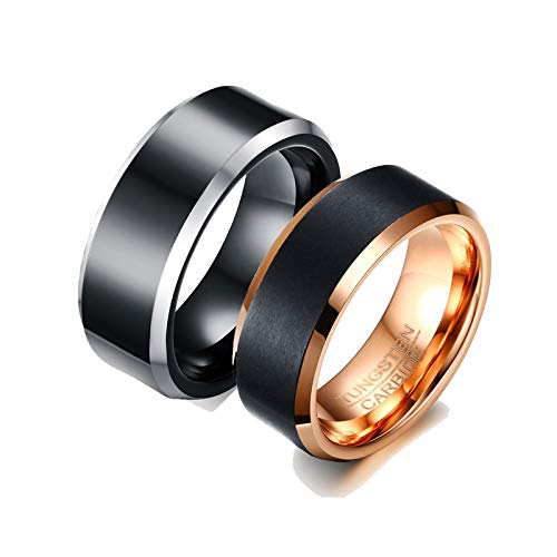 AnazoZ 1 Par Anillos Compromiso Pareja Anillos Tungsteno Parejas Negro Oro Rosa Anillo Redondo Tirado Talla Mujer 17 + Hombre 25