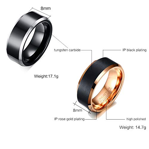 AnazoZ 1 Par Anillos Compromiso Pareja Anillos Tungsteno Parejas Negro Oro Rosa Anillo Redondo Tirado Talla Mujer 17 + Hombre 25