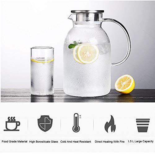 ANBET 1500ml / 53oz Jarra de vidrio Jarra Jarra de agua con filtro y tapa de té de acero inoxidable, resistente al calor y mango de cristal para jugo casero, té helado, agua de limón helado