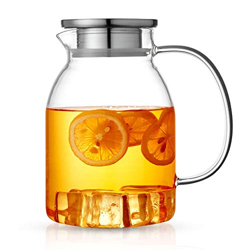 ANBET 1500ml / 53oz Jarra de vidrio Jarra Jarra de agua con filtro y tapa de té de acero inoxidable, resistente al calor y mango de cristal para jugo casero, té helado, agua de limón helado