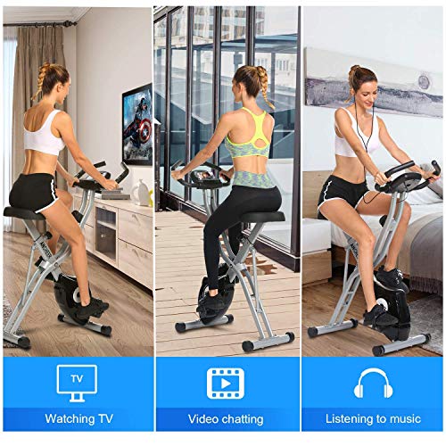 ANCHEER Bicicleta Estática Plegable Bicicleta de Ejercicio 10 Niveles de Resistencia Magnética, con App, Soporte para Tableta Capacidad de Peso:120kg (Gris)