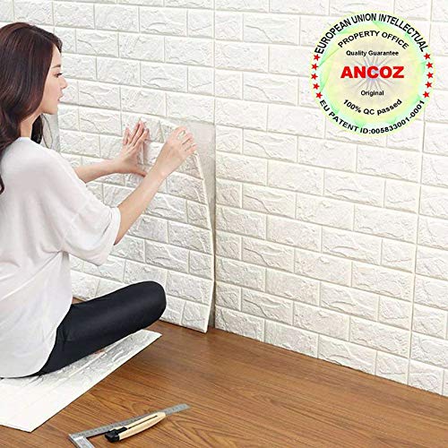 ANCOZ 3D Papel Pintado ladrillo Blanco,Pegatinas de Pared de ladrillo de imitación, DIY Etiqueta engomada de la Pared Adhesivo Decorativo a Prueba de Agua Wallpaper Pared de la Pared 60x60 cm (1 PCS)