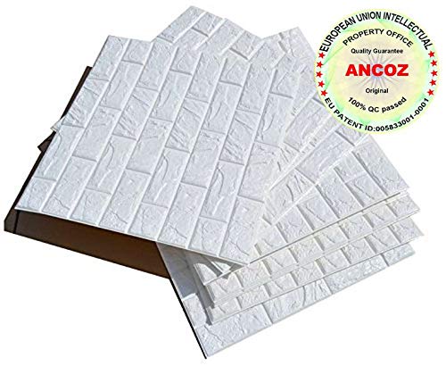 ANCOZ 3D Papel Pintado ladrillo Blanco,Pegatinas de Pared de ladrillo de imitación, DIY Etiqueta engomada de la Pared Adhesivo Decorativo a Prueba de Agua Wallpaper Pared de la Pared 60x60 cm (1 PCS)