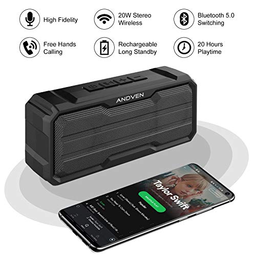 Andven Altavoz Bluetooth portátil, Altavoz estéreo inalámbrico TWS de Graves con Controlador Dual de 20 W, IPX6 Resistente al Agua, 20 Horas de reproducción, Manos Libres, micrófono Incorporado