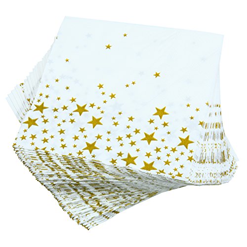 Aneco 150 Pack Servilletas Estrella de Oro Blanco con Estrellas de Oro Servilletas de Cóctel para Bodas, Fiestas, Cumpleaños, Cena, Almuerzo, Servilletas con 2 Capas, 5 por 5 Pulgadas (Gold Star)