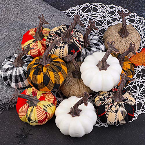 Aneco - Juego de 12 calabazas artificiales de tela escocesa para decoración de otoño o fiesta de cosecha de acción de gracias o decoración de Halloween, 3.54 pulgadas