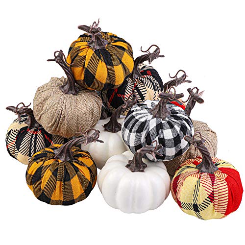 Aneco - Juego de 12 calabazas artificiales de tela escocesa para decoración de otoño o fiesta de cosecha de acción de gracias o decoración de Halloween, 3.54 pulgadas