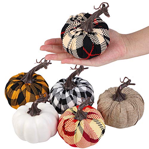 Aneco - Juego de 12 calabazas artificiales de tela escocesa para decoración de otoño o fiesta de cosecha de acción de gracias o decoración de Halloween, 3.54 pulgadas