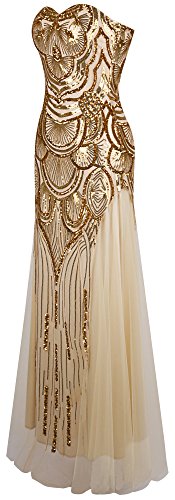 Angel-fashions – Vestido de mujer de lentejuelas, sin tirantes, de malla Gatsby, vestido de boda y banquetes dorado S