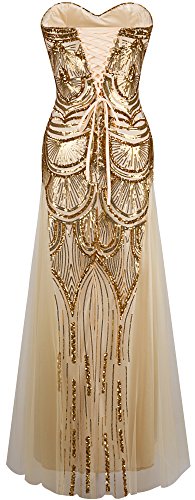 Angel-fashions – Vestido de mujer de lentejuelas, sin tirantes, de malla Gatsby, vestido de boda y banquetes dorado S