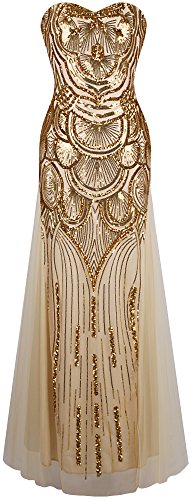 Angel-fashions – Vestido de mujer de lentejuelas, sin tirantes, de malla Gatsby, vestido de boda y banquetes dorado S