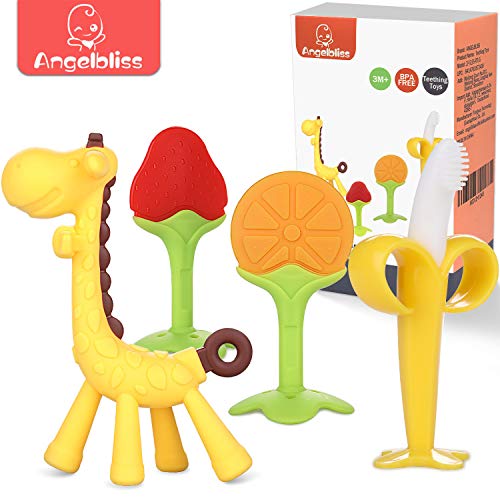 ANGELBLISS mordedor bebes refrigerante,mordedores bebes BPA gratis Juguetes para la dentición para bebés,Natural Organic Freezer Safe Silicone Teethers (4 UNIDADES)